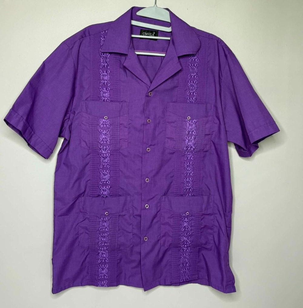 OMEGA Italy Mens Small Purple Guayabera Shirt Embroidered Camp 4 Pocket